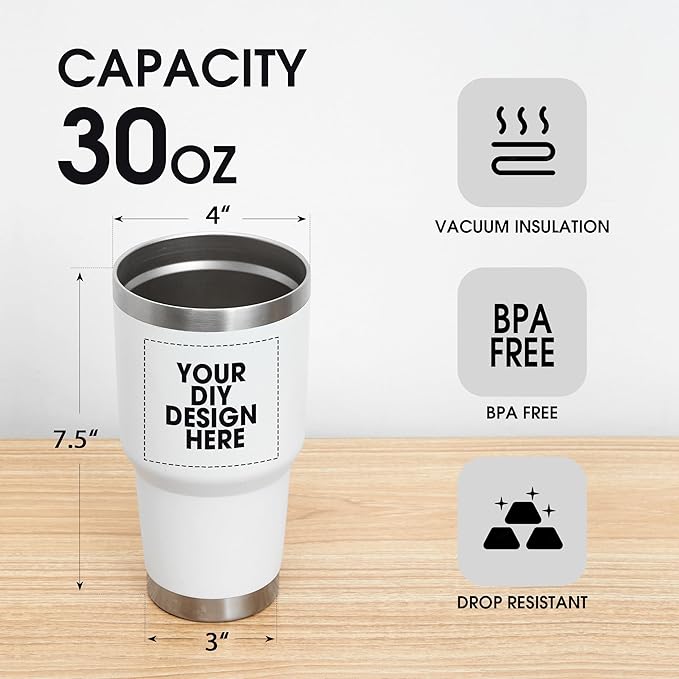 Personalized Custom Tumbler Print in USA 30oz Stainless Steel Coffee Cup with Lid & Straw Double Wall Insulated Tumbler with Colorful Text Logo Photo