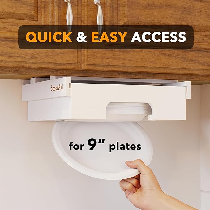 SpaceAid 9-inch Paper Plate Dispenser, Under Cabinet Bamboo Plates Holder, Kitchen Counter Vertical Dipensers Holders Countertop Caddy, White