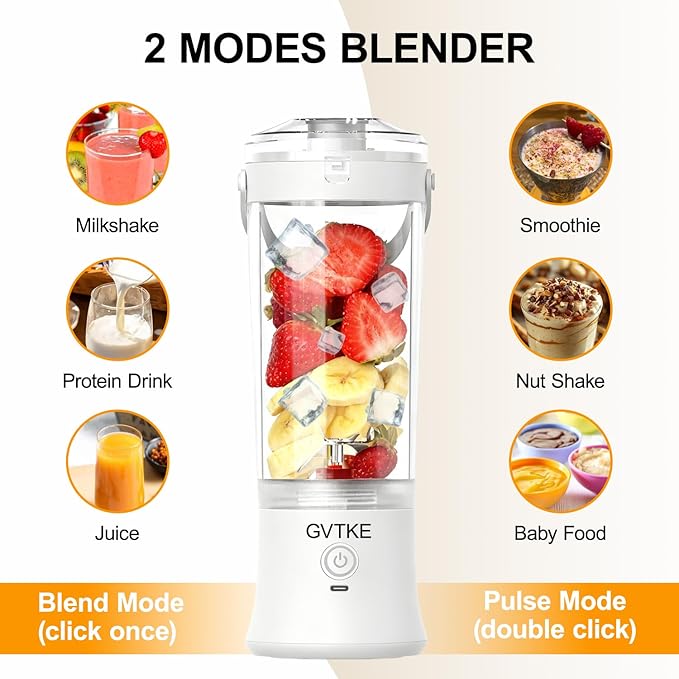 Portable Blender Dual Mode 18000RPM 20Oz Blending Cup Ice Crushing Smoothie Frozen Fruit Mini For Home Gym Travel(White)
