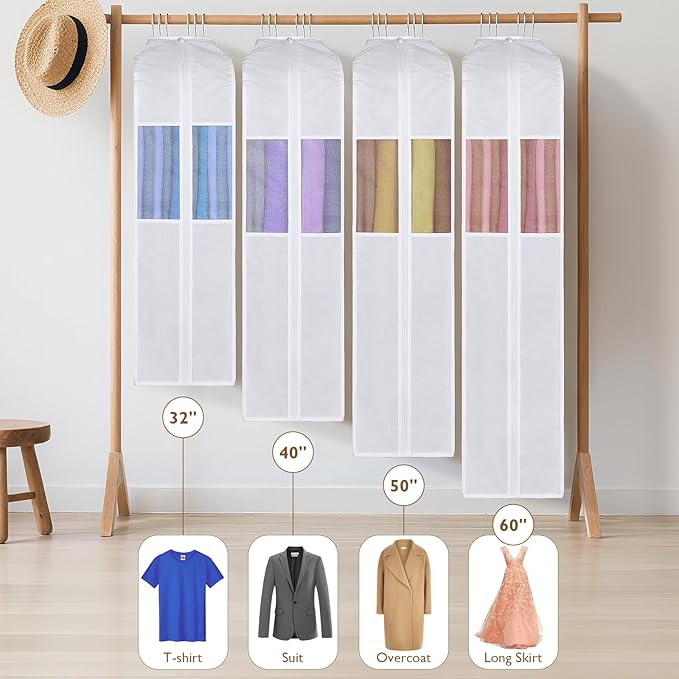 Univivi Premium Cotton Garment Bags for Hanging Clothes and Storage, 50 Inch Washable Suit Cover Bag with Extra Large 10" Gusset & Clear Window - Perfect for Suits, Coats, Jackets - 2 Pack