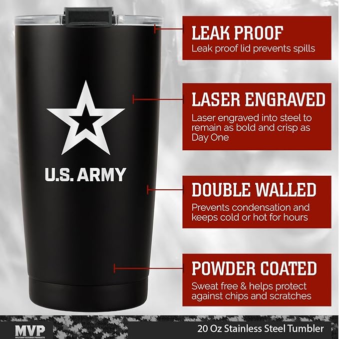 Military Gift Shop 20oz US Army Tumbler, Double-Walled Insulated Steel USA Coffee Mug with Lid-Army 20oz Tumbler