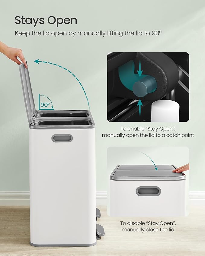 SONGMICS Trash Can, 2 x 10.6 Gallon (2 x 40 L) Garbage Can for Kitchen, with 15 Trash Bags, 2 Compartments, Plastic Inner Buckets and Hinged Lids, Airtight, White and Gray ULTB730W80
