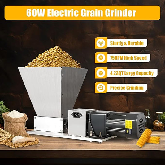 4L/4.23QT Electric Grain Grinder, 60W 110V Stainless Steel Pellet Mill 75rpm Animal Feed Pellet Machine with 4 Hopper, Home Brew Grain Mill Malt Crusher for Wheat, Rice, Corn, Sorghum