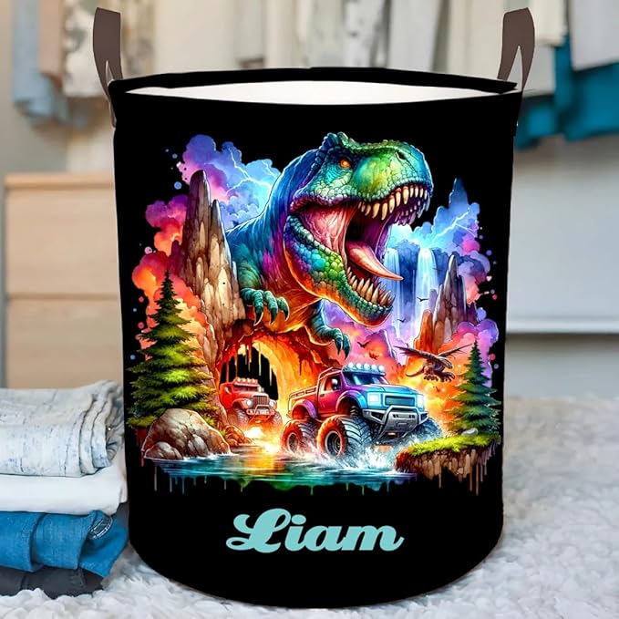 callie Personalized Dinosaur Gifts Truck Laundry Basket for Boys, Waterproof Collapsible Kids Laundry Hamper, Clothes Toys Storage Bin for Bedroom (13.8" x 16.5", 15.7" x 19.6")