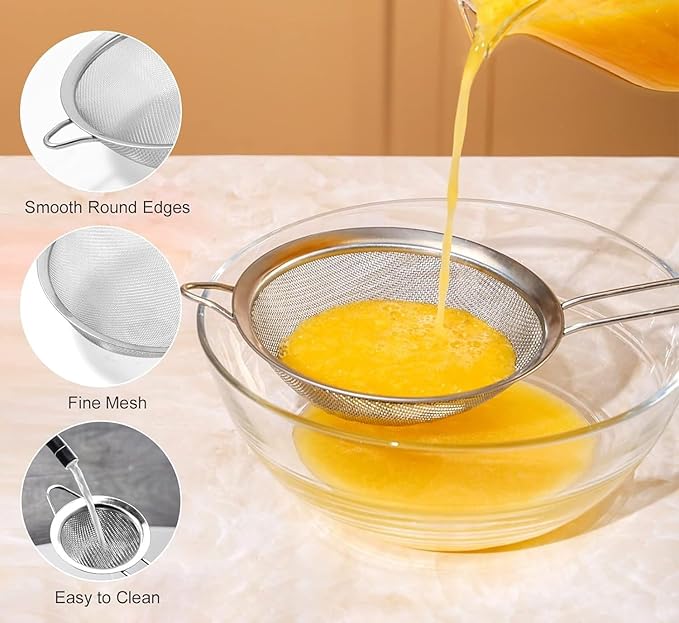 ELEEN Premium Stainless Steel Fine Mesh Strainers for Kitchen 3-Piece Set with Non-Slip Handle, Small, Medium & Large Sieves, Colanders and Sifter for Sifting, Straining, Pastas Tea, Rice Vegetables