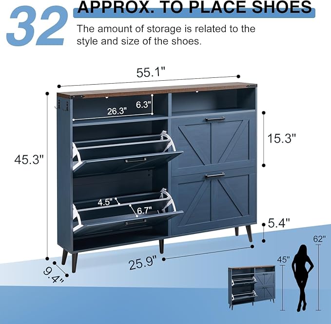 Shoe Storage Cabinet,Farmhouse Shoe Organizer with 4 Flip Drawers & Barn Door Design,Freestanding Hidden Slim Narrow Shoe Rack Cabinet with Open Shelves for Entryway,Foyer,Hallway,Navy Blue