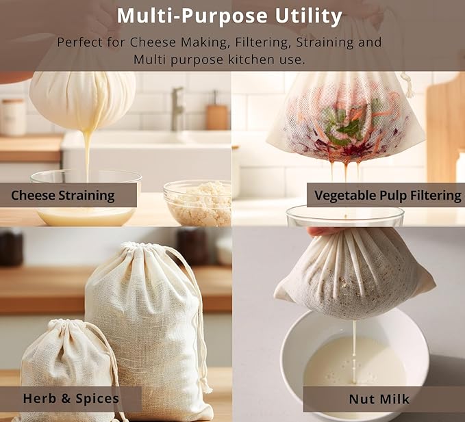 PurpleEssences Empty Spice Bags for Cooking Soup - Natural Unbleached Cotton Muslin Drawstring Cheesecloth Bags for Tea, Herbs, Bone Broth, Cold Brew & Straining - Natural (2, 8 x 10 Inch)