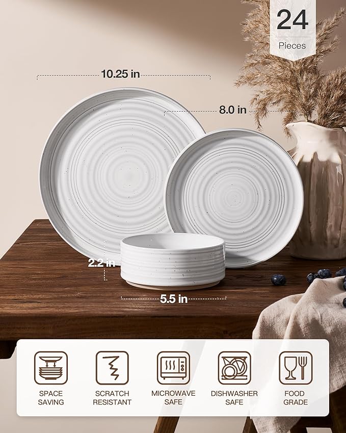 Stoneware Dinnerware Sets, Dish Set for 8, 24 Pieces Spiral Dishware Set with Straight Rim, Speckles & Reactive Glaze - Microwave and Dishwasher Safe Tableware, White