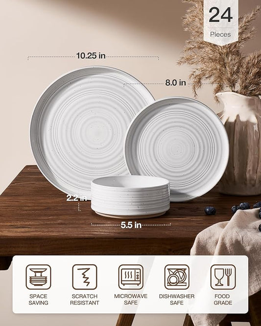 Stoneware Dinnerware Sets, Dish Set for 8, 24 Pieces Spiral Dishware Set with Straight Rim, Speckles & Reactive Glaze - Microwave and Dishwasher Safe Tableware, White
