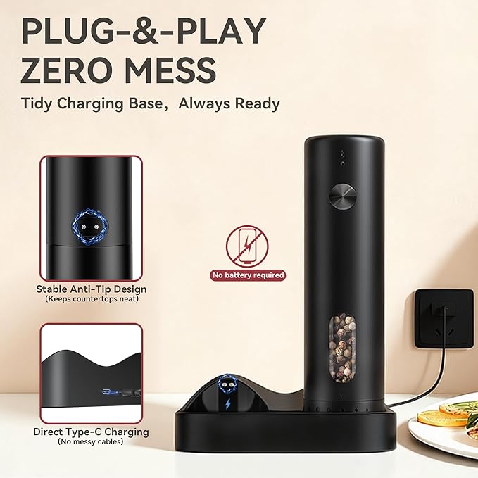 Electric Salt and Pepper Grinder Set with Rechargeable Base, Refillable Pepper Mill Set with LED Light & Adjustable Coarseness, Ideal for Kitchen, Outdoor, BBQ & Gift Giving