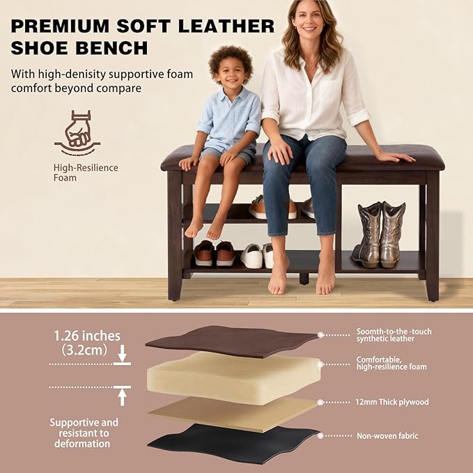 PY HOME & SPORTS Shoe Rack for Entryway 39.4": 2-Tier Shoe Storage Bench, Adjustable/Removable Shelves, Rubberwood Shoe Benches for Hallway, Porch, Bathroom, Brown