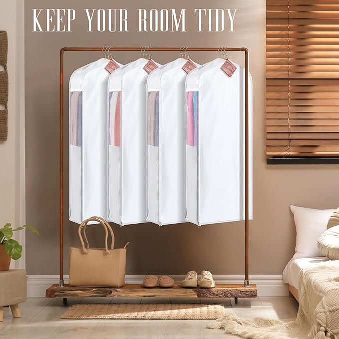 40" Cotton Garment Bag for Hanging and Storage Clothes with 4 Cedar Blocks for Fresh Smell and Moth Protection, Breathable Hanging Storage Bag for Suit Sweater Gown Fur Coat, 6'' Wide, White