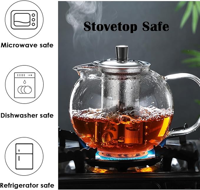 TMOST Glass Teapot with Removable Infuser, Stovetop Safe Tea Kettle blooming Loose Leaf Tea pot (32oz/950ml)