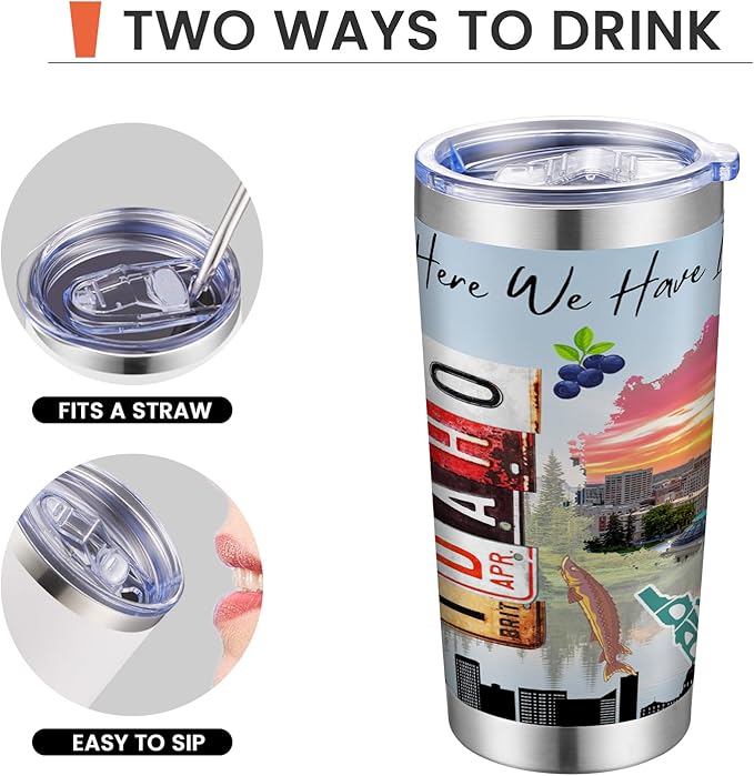 20oz Insulated Tumbler Idaho State Coffee Mug, United States Map Travel Mug Landmark, Birthday Gifts Cute Custom Tumbler Cups with Lid and Straw Mothers Day Gifts