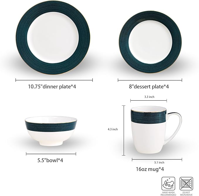16-Piece Fine Bone China Dinnerware Set, Dinner Plates,Bowls and Mugs Set, Dishware Set for 4, With Selected Christmas Premium Red and Green pattern, White Embossed Spot Ornament and Gold Rim