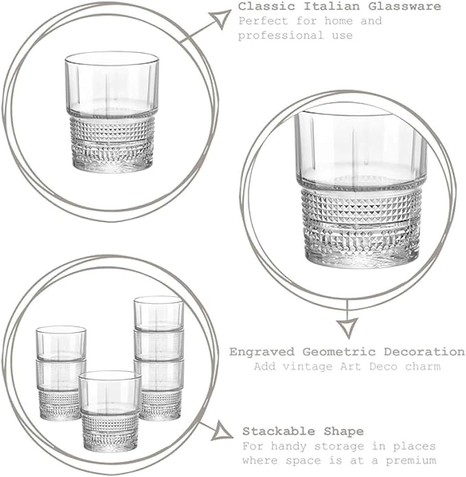 Bormioli Rocco Novecento Barware DOF Glass, Stackable, Set Of 4, 12.5 oz, Clear, Vintage Design, Made In Italy.