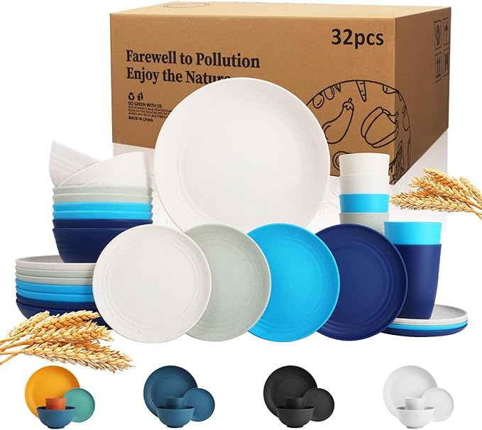 Wrova Wheat Straw Dinnerware Set of 32,Unbreakable Dinner Plates and Bowls Dishes Sets Service for 8,Dishwasher Safe Dinnerware Sets for Kitchen and Camping.Island Series