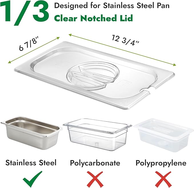 HECMAC 6-Pack 1/3 Size Slotted Hotel Pan Clear Cover, Only for Stainless Steel Food Pan, Polycarbonate