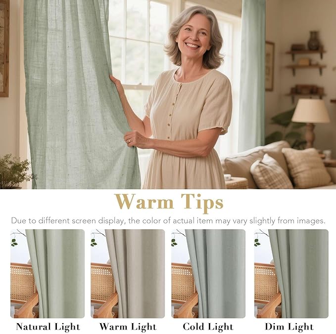 H.VERSAILTEX Elegant Linen Semi Sheer Blended Curtains Privacy Protection Light Filtering Nickel Grommet Window Panels/Drapes for Bedroom (Set of 2, 52x84-Inch, Sage)