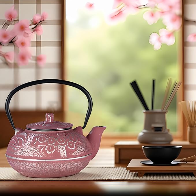 27oz Small Cast Iron Teapot, SECHUDO Pink Tea Kettle for Stovetop, Japanese Tea Pot with Stainless Steel Infuser for Loose Tea, Enameled Interior, Good Gift for Tea Lovers(800ML)