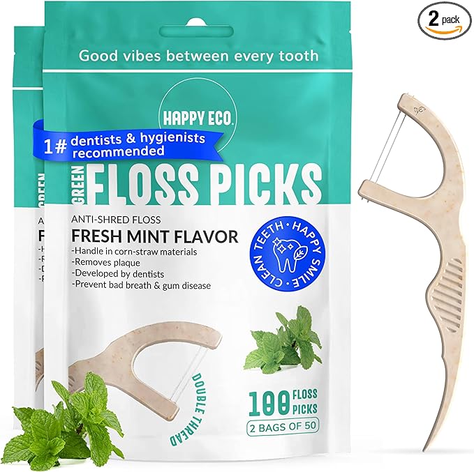 Dental Floss Picks (100pcs) - Flossers for Adults, Vegan Corn-Straw Handle, Superior Oral Care & Anti-Shred Thread, Dental Hygiene, Tooth Pick Sticks, Teeth & Gum Health (Mint, Double Thread)