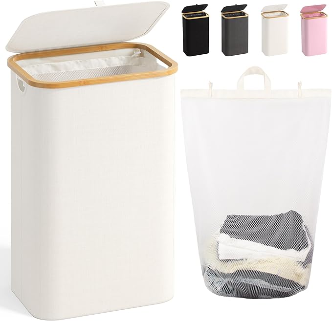 100L Laundry Hamper with Lid, Large Laundry Basket with Bamboo Handles, Clothes Hampers for Laundry with Removable Bag, Dirty Clothes Hampers for Bedroom Aesthetic, Beige