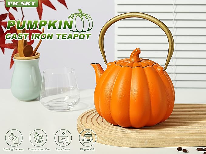 VICSKY Orange Pumpkin Cast Iron Teapot, Natural Pumpkin Color, Japanese Cast Iron Tea Kettle Stovetop Safe with Infuser, Cute Creative Pumpkin Halloween Teapot(40oz/1200ml, Orange)
