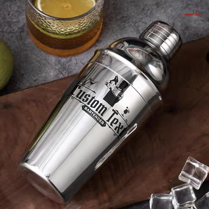 Personalized Cocktail Shaker 24oz - Custom Stainless Steel Bar Kit with Engraved Text, Built-in Strainer & Measuring Jigger & Spoon, Gift for Bartenders & Cocktail Lovers (Bartender Design)