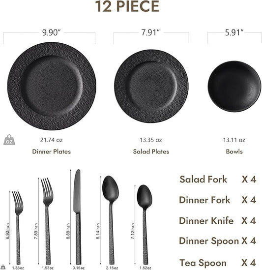 KINGSTONE Black Dinnerware Sets with flatware, 32-Piece Matte Marble Pattern Premium Porcelain, Place Setting with Dinner Plate, Salad Plate, Pasta Bowl, Microwave and Dishwasher Safe