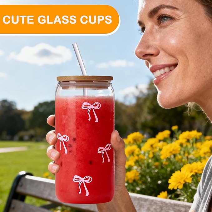 Glass Tumbler with Straw and Lid - 500ml Bow Glassware, Aesthetic, Water Mug | Cute Drinking Cup for Iced Coffee, Tea Cocktails, Tumbler, Teen Girls, Home & Bar Use