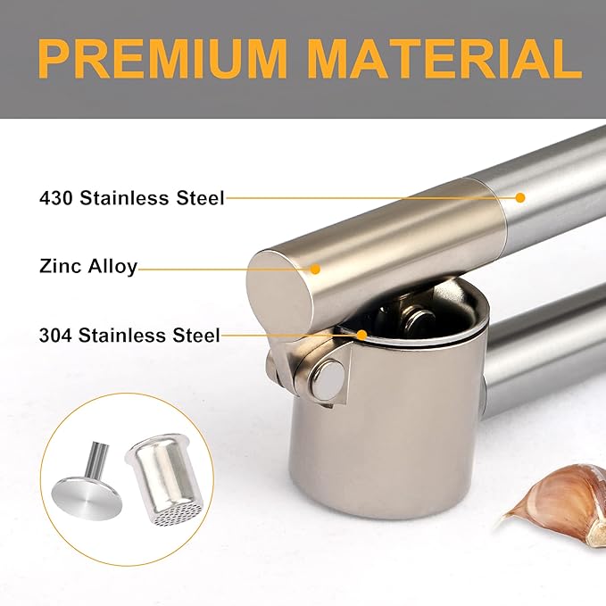 Garlic Press, 304 Stainless Steel Garlic Mincer & Crusher, Heavy Duty, Easy Squeeze, Rust Proof, Easy Clean