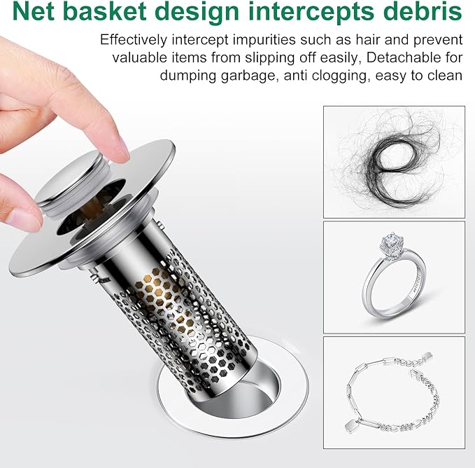 Bathroom Sink Drain Strainer,Pop-Up Sink Stopper Hair Catcher, Anti-Clog Stainless Steel Drain Filter Basket, Removable Sink Drain for Bathroom Sink Stopper Replacement (Silver-1)