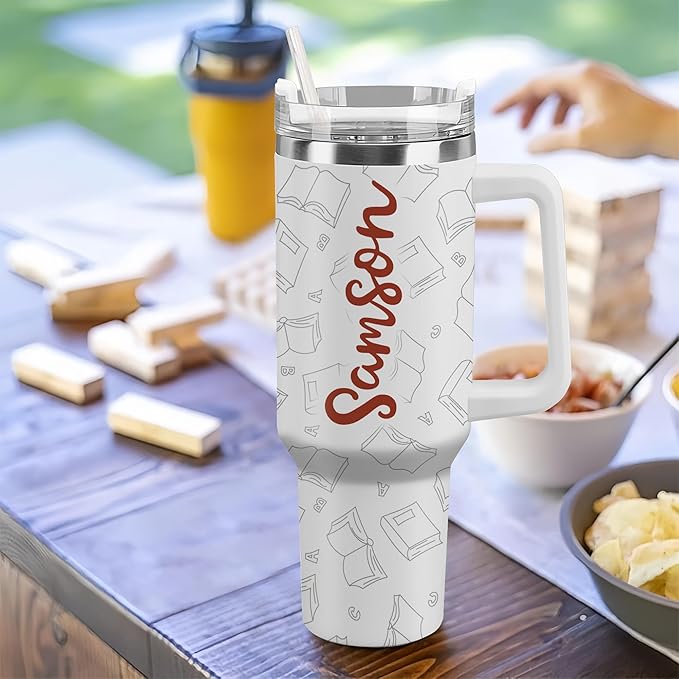 Personalized Sloth Tumbler 40oz with Handle & Straw - Cute Sleeper Sloth & Books Tumbler - Valentine Mother Father's Day Birthday Gifts - Custom Name Stainless Steel Travel Coffee Cup