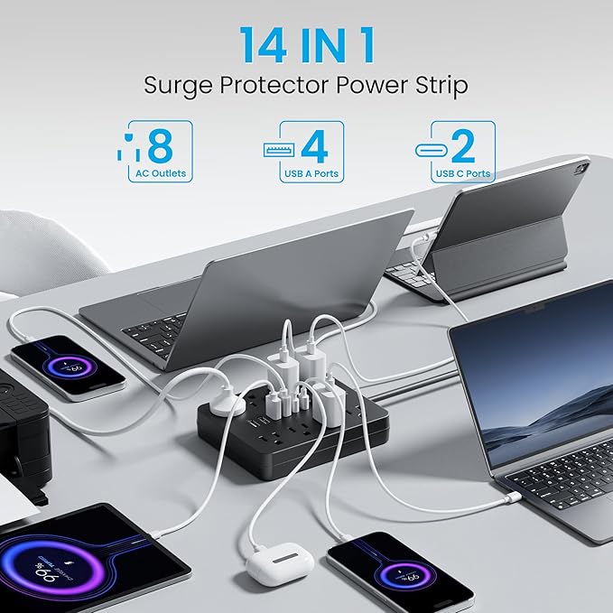 Surge Protector Power Strip, 8 Outlets(1250W/10A), 6 USB Charging Ports(2 USB C), 10FT Flat Plug Extension Cord Outlet Extender with Overload Protection, ETL Certified for Office, Dorm Room
