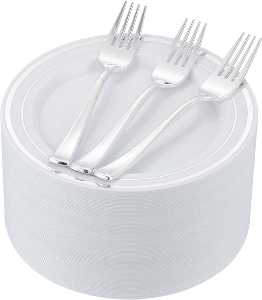 120pcs Silver Dessert Plates with Forks for 60 Guests-60pcs 7.5" Disposable Silver and White Small Plates with 60pcs 7.4" Forks-Cake/Appetizer/Salad Plate for Wedding,Birthday,Party