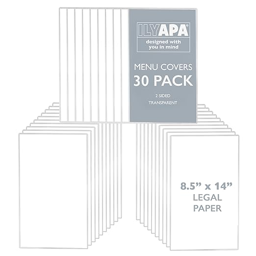 Ilyapa Restaurant Menu Covers 8.5 x 14 Inch - 30 Pack, Single Page, 2 View Clear Menu Holder Sleeves for Restaurant, Durable PVC Hard Plastic Sheet