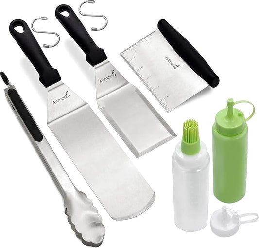 Metal Spatula Set Stainless Steel and Scraper - Professional Chef Griddle Spatulas Set of 6 - Heavy Duty Accessories Great for Cast Iron BBQ Flat Top Grill Skillet Pan