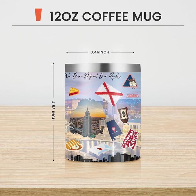 12oz Coffee Mug Alabama State Insulated Coffee Cups, United States Map Travel Mug Landmark, Birthday Gifts Cute Mugs with Lid and Straw Mothers Day Gifts