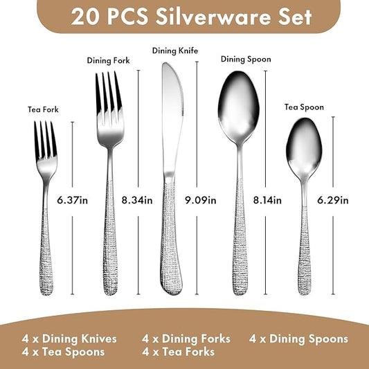 20pcs Silverware Set for 4, 18/10 Stainless Steel Material Flatware Set, High-grade Luxury Unique Texture Cutlery Set, Mirror Polished Utensil Set, Sturdy Durable Spoons and Forks Set, Dishwasher Safe