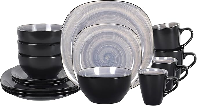 Stoneware Square 16pc Dinnerware Set, Inside Spinwash Swirl Grey + Outside Black