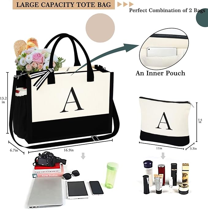 YOOLIFE Christmas Gifts for Women - Initial Tote Bag & Makeup Bag, Womens Christmas Stocking Stuffers Mom Wife Teacher Friend