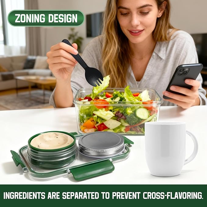 Upgrade Salad Container with Dressing Cup & Fork - Leakproof Airtight Salad Pod, BPA-Free & Dishwasher Safe, 8.27×5.5×4.33in Compact Meal Prep Container for Office/Picnic (Green)