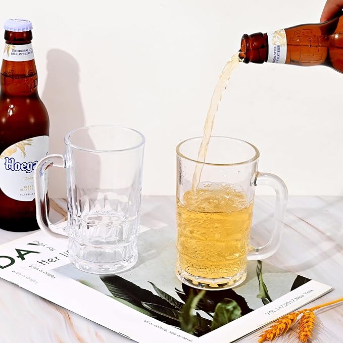 Beer Mugs Set, 11.5oz Glass Mugs With Handle, Beer Glasses For Freezer, 340ml Beer Drinking Glasses, Traditional Stein For Bar, Beverages,Coffee, Teas, Set of 4