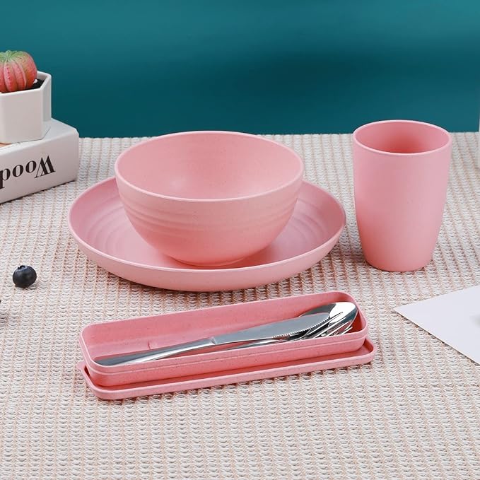 28PCS Kitchen Wheat Streaw Dinnerware Sets for 4, Wheat Straw Plates and Bowls Sets, College Dorm Dinnerware Dishes Set for 4 with Cutlery Set