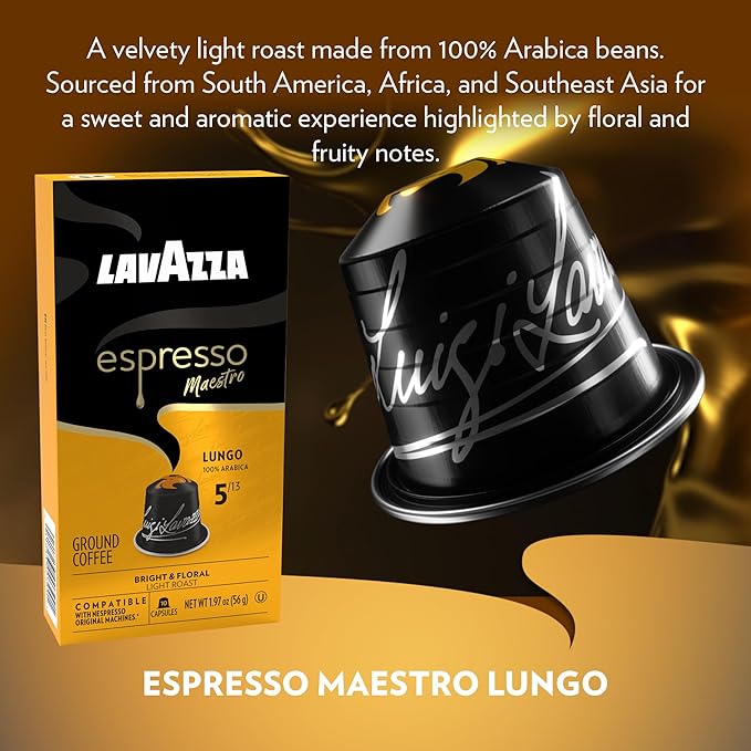 Lavazza Leggero Lungo Medium Roast Capsules Compatible with Nespresso Original Machines (Pack of 60) ,Value Pack, Blended and roasted in Italy, Full bodied, velvety crema and fruity and floral notes