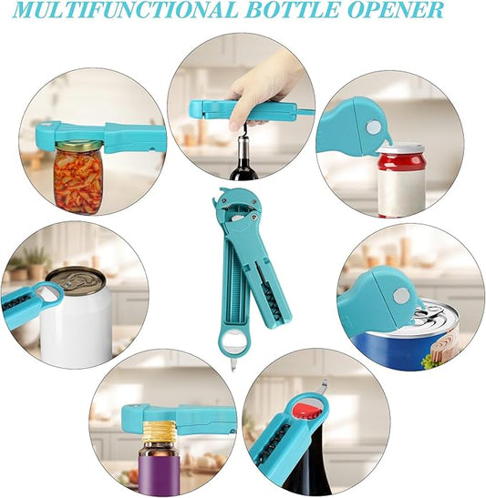 7 in 1 Jar Opener Bottle Opener and Wine Opener for Seniors with Arthritis, Weak Hands, Multi Retractable Magnetic Can Opener, Original Kitchen Lid Opener Tool (Cyan)
