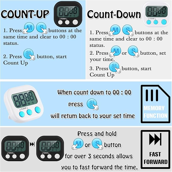 Xuhal 50 Pieces Digital Kitchen Timer Bulk, Small Magnetic Timers for Classroom, Digits Stopwatch Clock Timer for Cooking Baking Sports Games Office, Not Including Battery (Black,White)