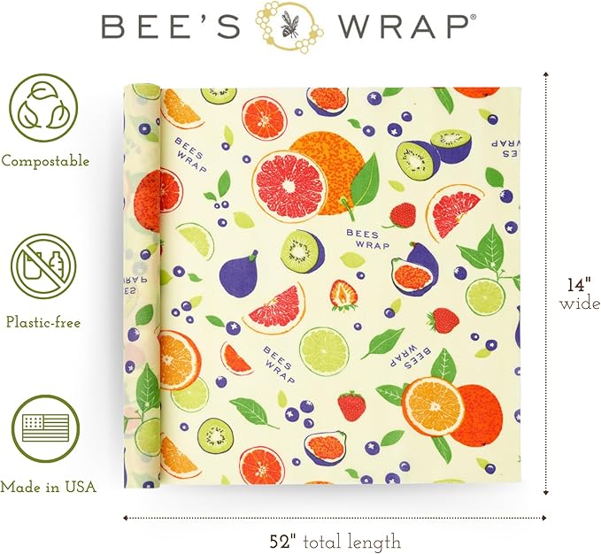 Bee's Wrap Beeswax Wraps for Food - Cut to Size 14x52" Wax Paper Roll - Made in USA Reusable Waxed Paper & Bowl Covers - Organic & Eco-Friendly Alternative to Aluminum Foil & Plastic Wrap, Fresh Fruit