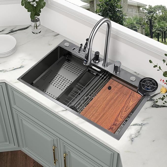 33''x22'' Kitchen Sink with Digital Display, Nano Slidable Kitchen Sinks with Knife Holder & Faucet Combo Set, Drop-in Stainless Steel Single Bowl Workstation Sink with Accessories, Black