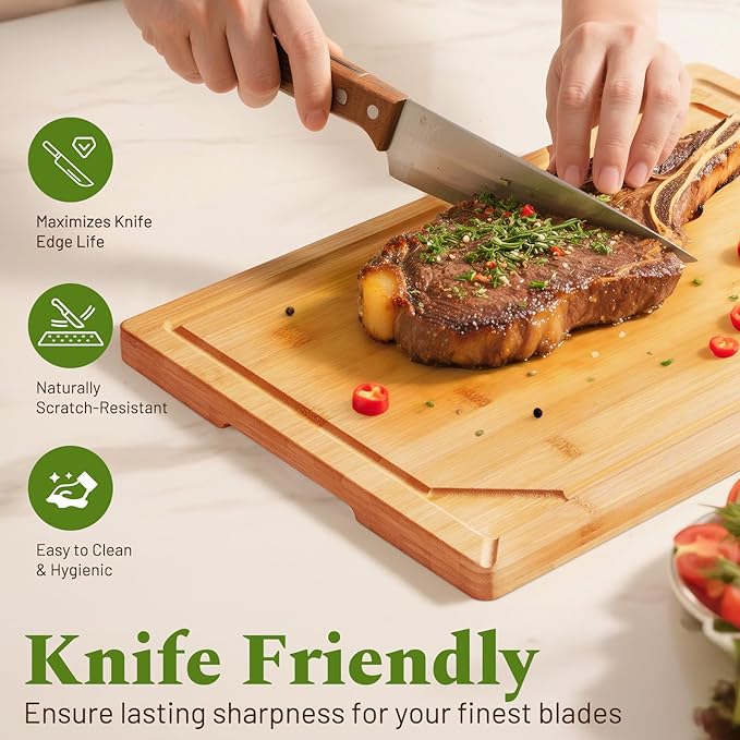 Kikcoin Bamboo Cutting Board for Kitchen, 3 Piece Wood Cutting Boards Set with Stand and Non-slip Feet, Knife Friendly Chopping-Board with Juice Grooves, Lightweight Serving Tray with Built-in Handles